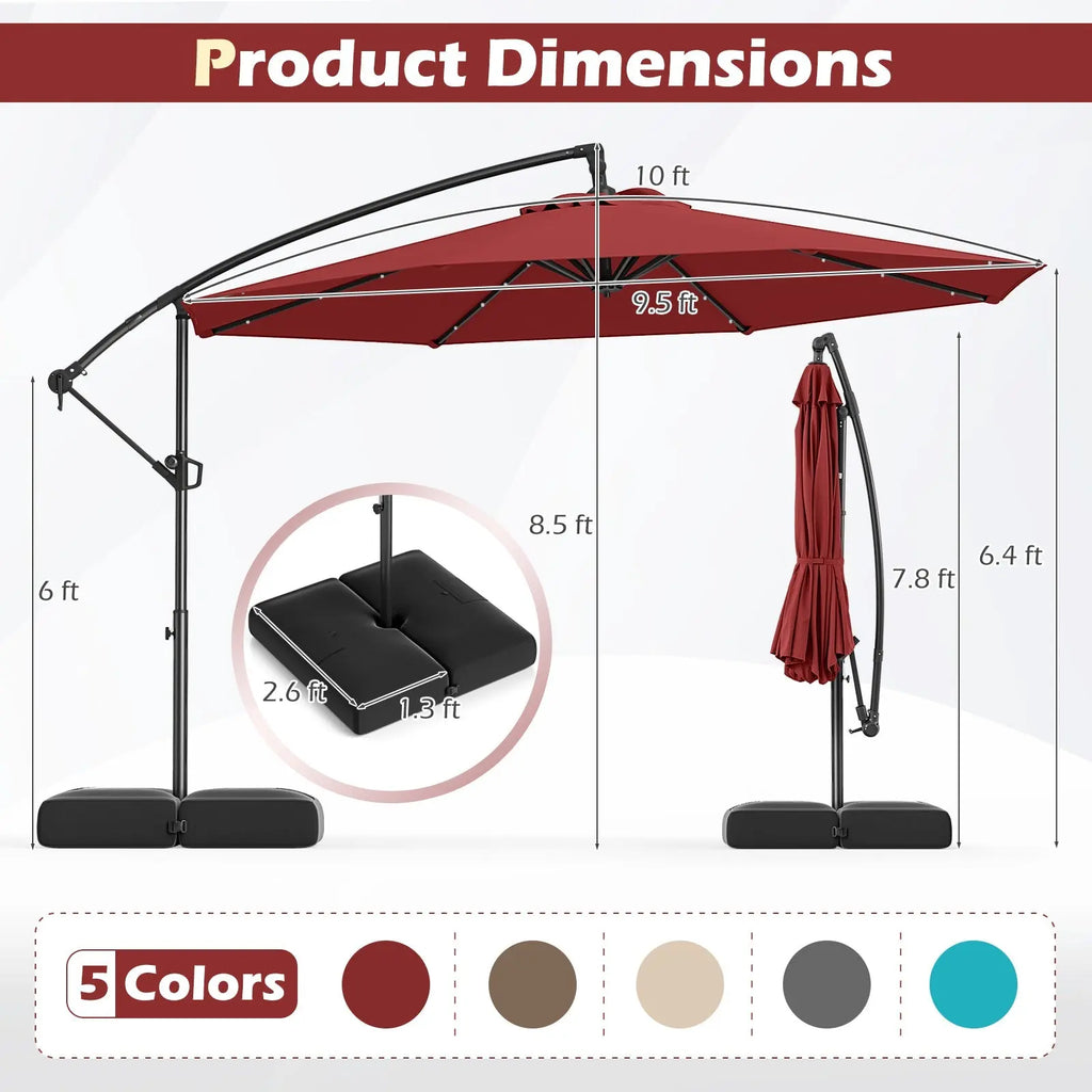 10 Feet Solar Offset Hanging Umbrella with Base and 32 LED Lights-Wine DirectDeals