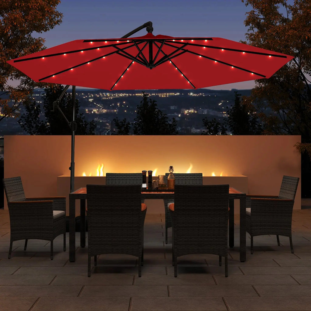10 Feet Solar Offset Hanging Umbrella with Base and 32 LED Lights-Wine DirectDeals
