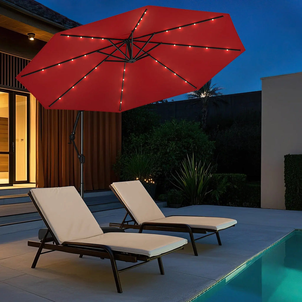 10 Feet Solar Offset Hanging Umbrella with Base and 32 LED Lights-Wine DirectDeals
