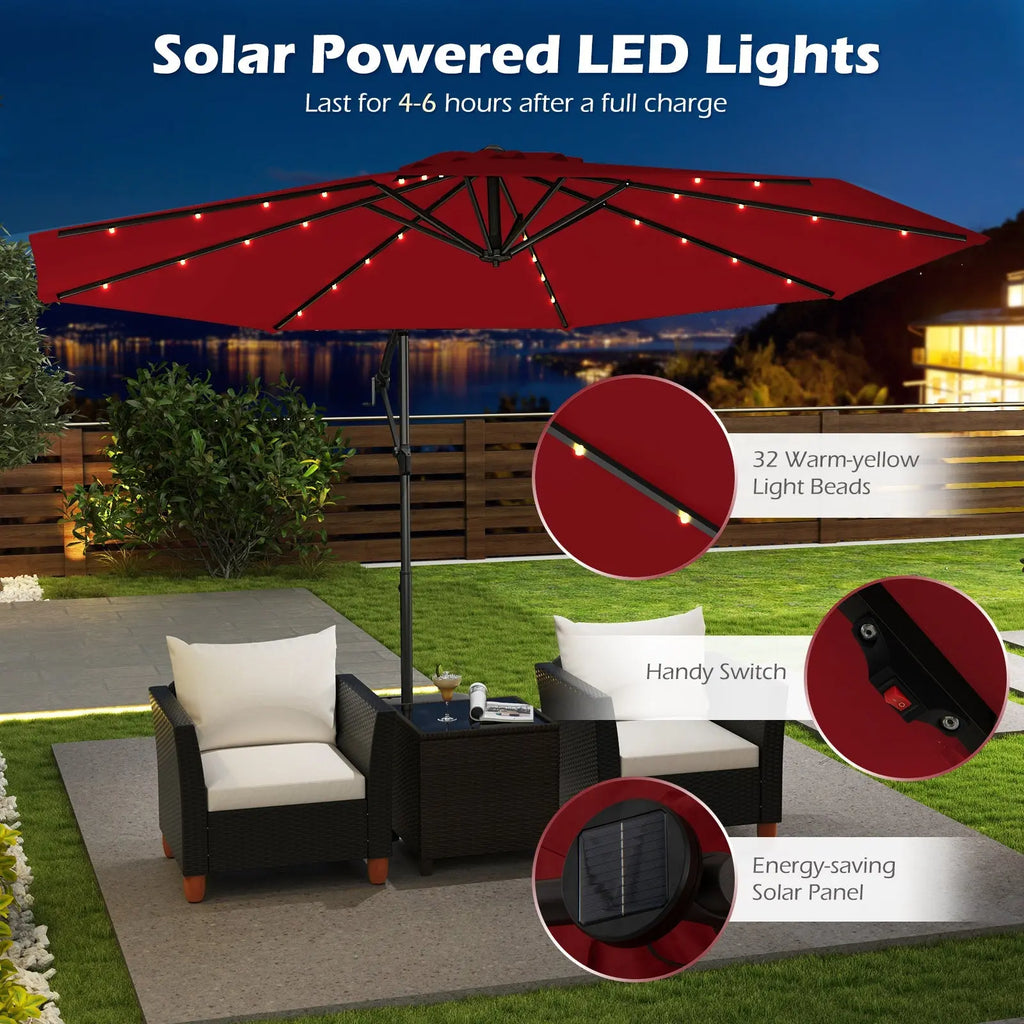 10 Feet Solar Offset Hanging Umbrella with Base and 32 LED Lights-Wine DirectDeals