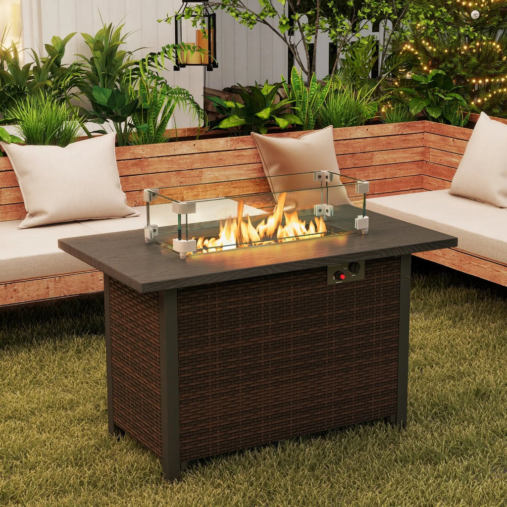 50000 BTU 2 Inch ropane Gas Fire Pit Table with Wind Guard and Glass Rocks-Brown DirectDeals