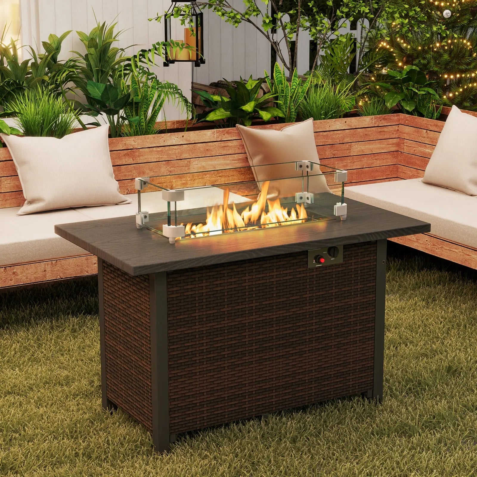 50000 BTU 2 Inch ropane Gas Fire Pit Table with Wind Guard and Glass Rocks-Brown DirectDeals