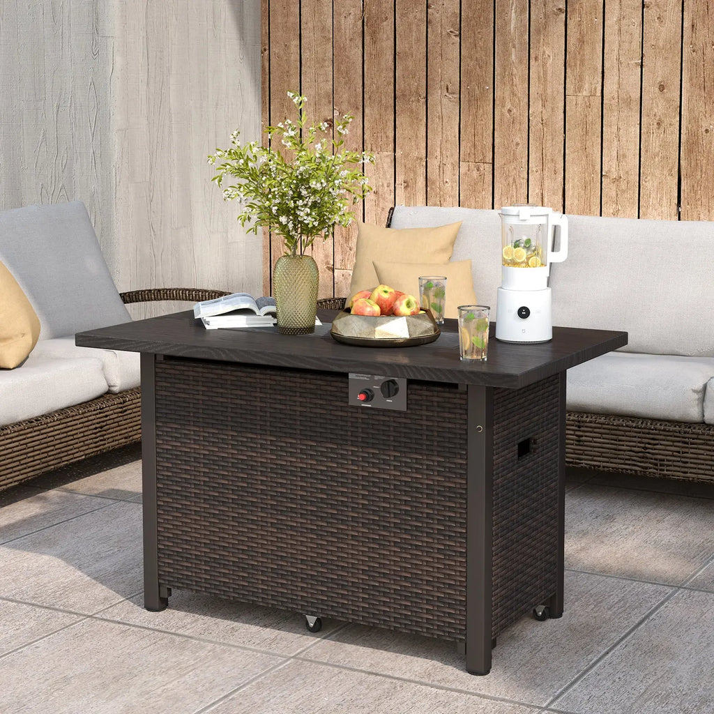 50000 BTU 2 Inch ropane Gas Fire Pit Table with Wind Guard and Glass Rocks-Brown DirectDeals