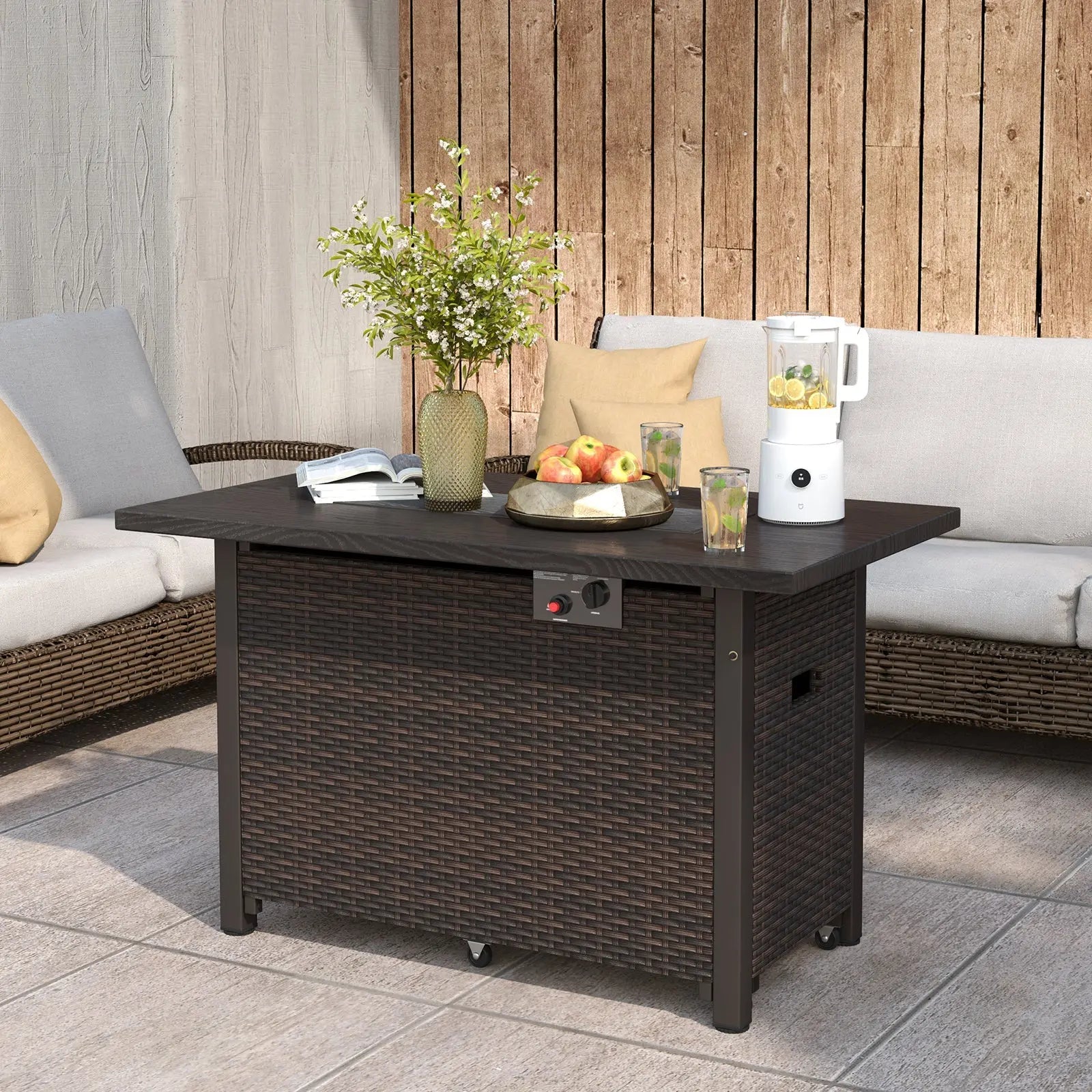 50000 BTU 2 Inch ropane Gas Fire Pit Table with Wind Guard and Glass Rocks-Brown DirectDeals