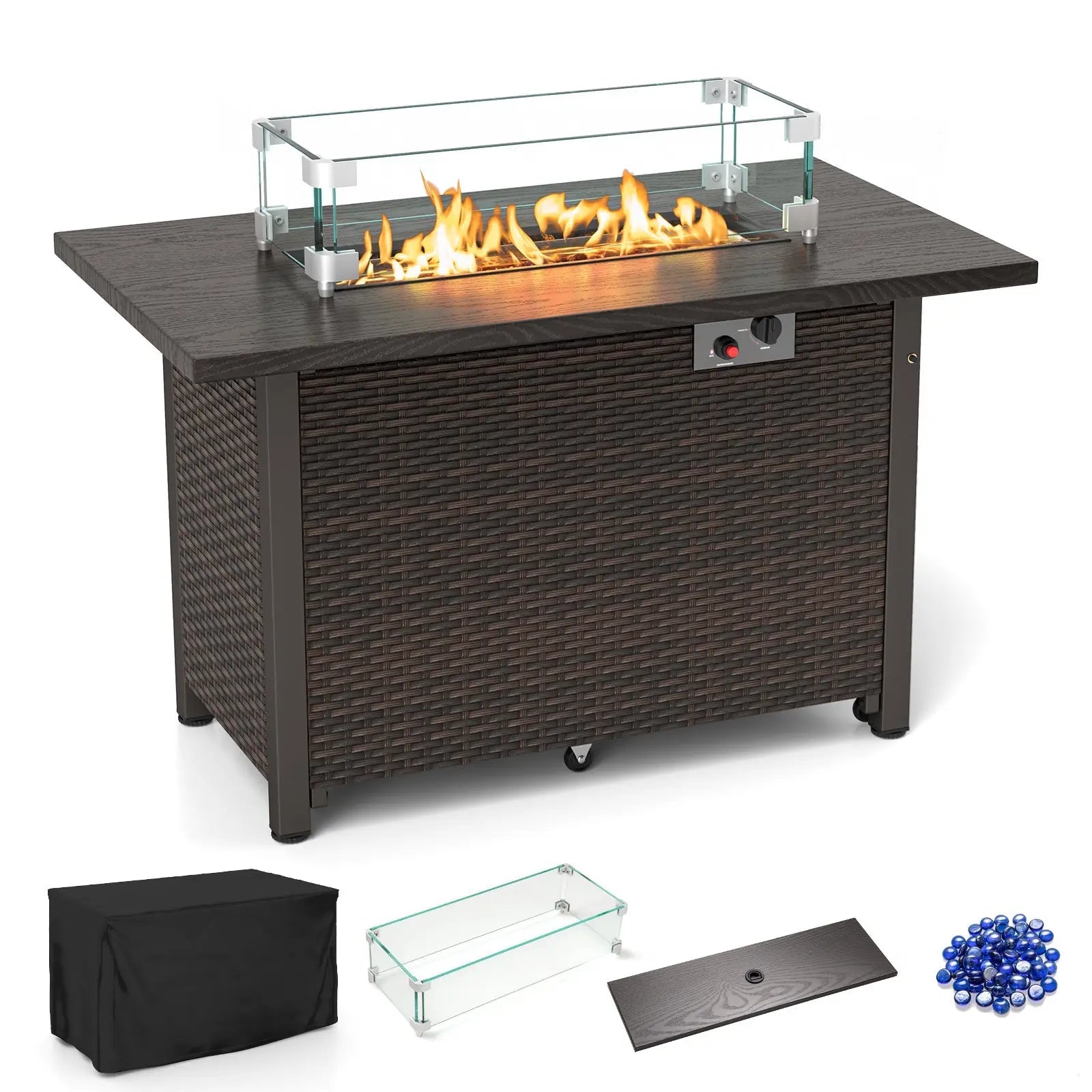 50000 BTU 2 Inch ropane Gas Fire Pit Table with Wind Guard and Glass Rocks-Brown DirectDeals