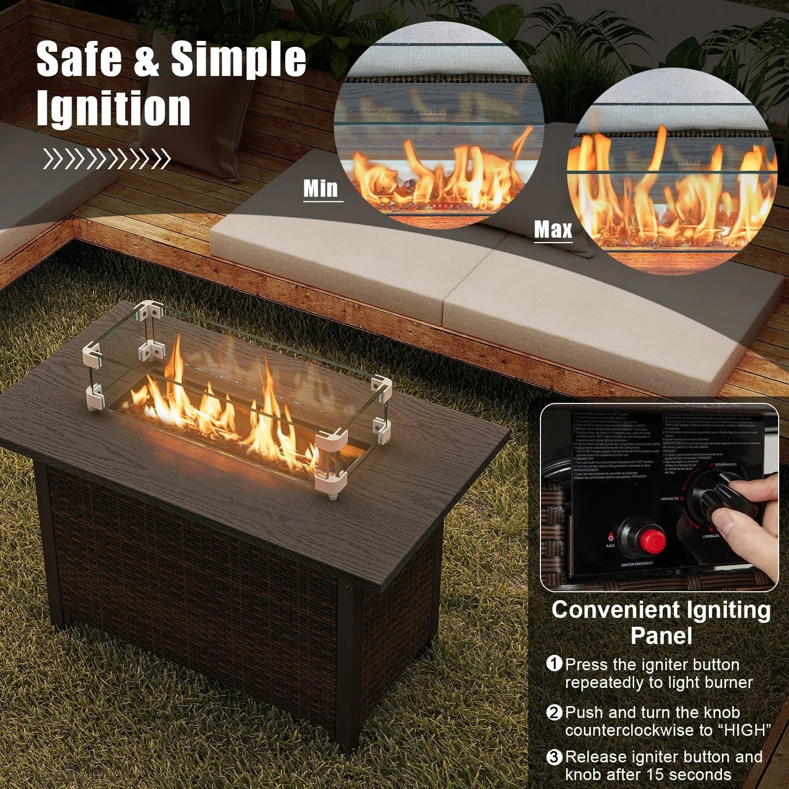 50000 BTU 2 Inch ropane Gas Fire Pit Table with Wind Guard and Glass Rocks-Brown DirectDeals