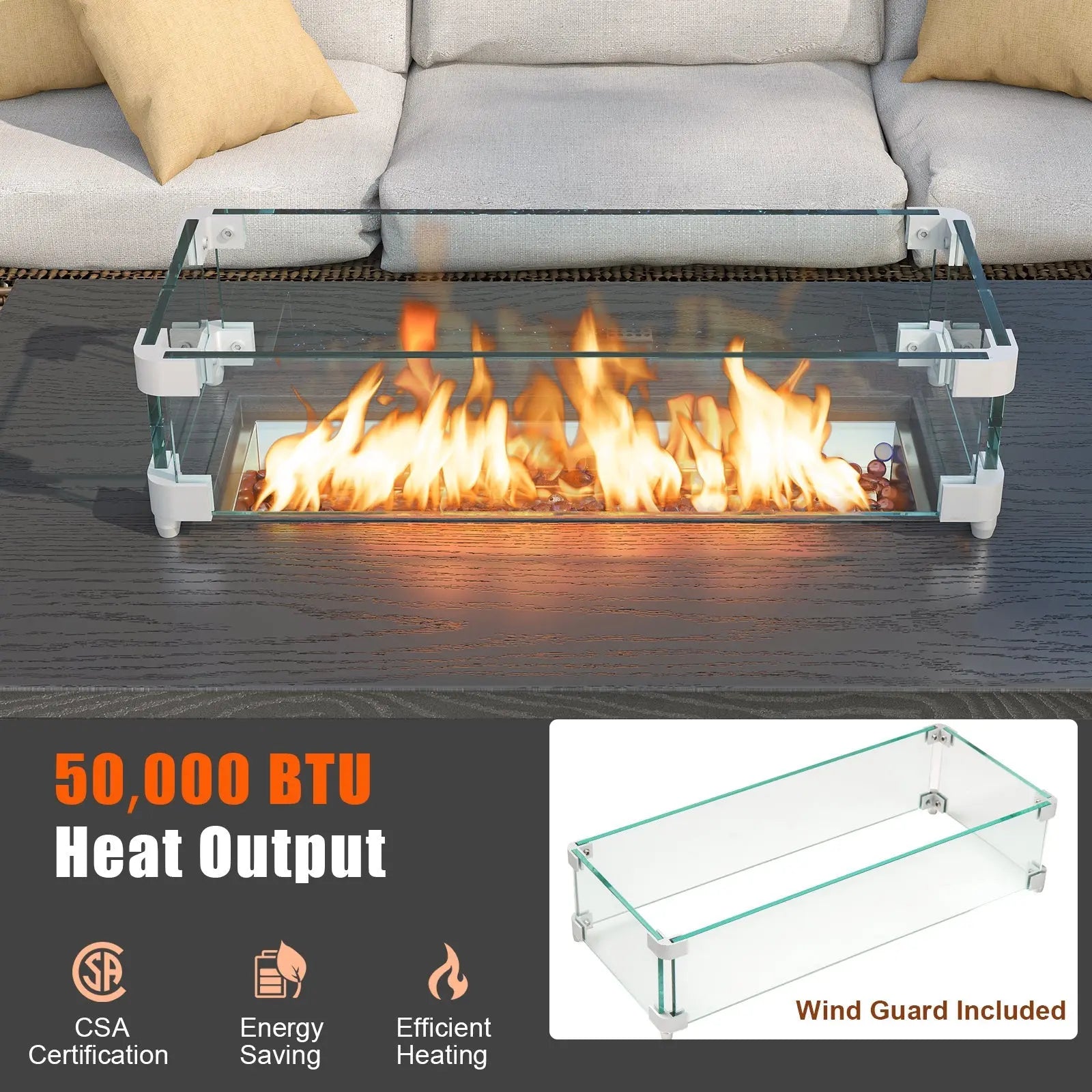 50000 BTU 2 Inch ropane Gas Fire Pit Table with Wind Guard and Glass Rocks-Brown DirectDeals