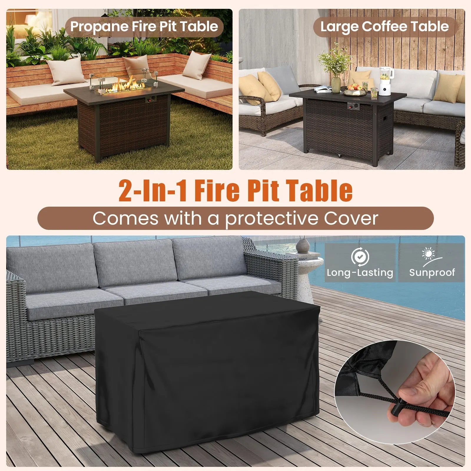 50000 BTU 2 Inch ropane Gas Fire Pit Table with Wind Guard and Glass Rocks-Brown DirectDeals